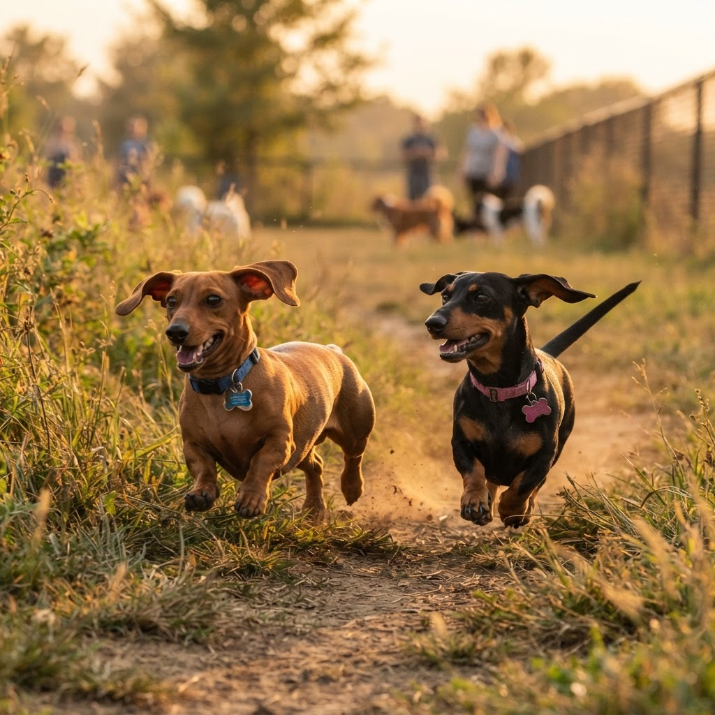 Two Dachshunds running together at a dog park