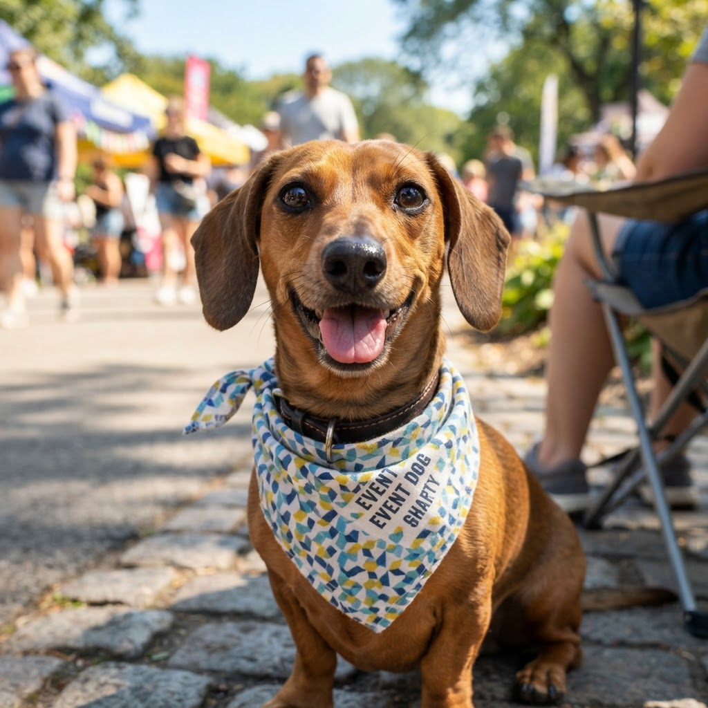 A Dachshund wearing a bandana at an outdoor event