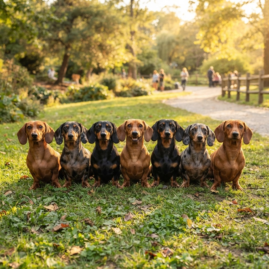 A group of Dachshunds sitting in a row at the park