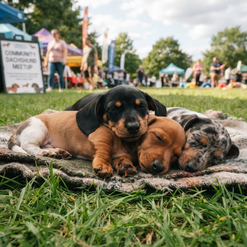 Dachshund puppies snuggling in the grass