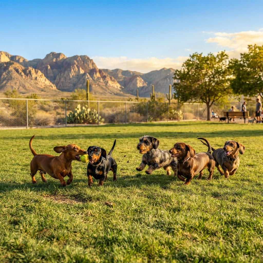 A group of happy Dachshunds playing at a Nevada dog park